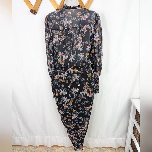 Veronica Beard Shaia Floral Ruched Asymmetrical Midi Dress Black Size 0 - Picture 3 of 11